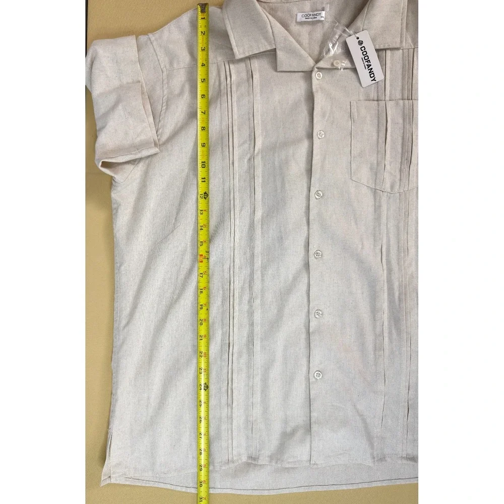 NEW COOFANDY Men's XXL Guayabera Shirt‎ Tan Linen Blend Short Sleeve Cuban Beach